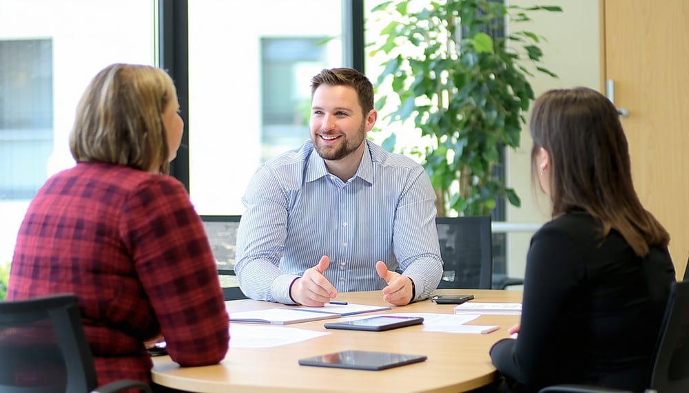 Friendly local insurance agent consulting with clients at M&P Insurance Friendly local insurance agent consulting with clients at M&P Insurance