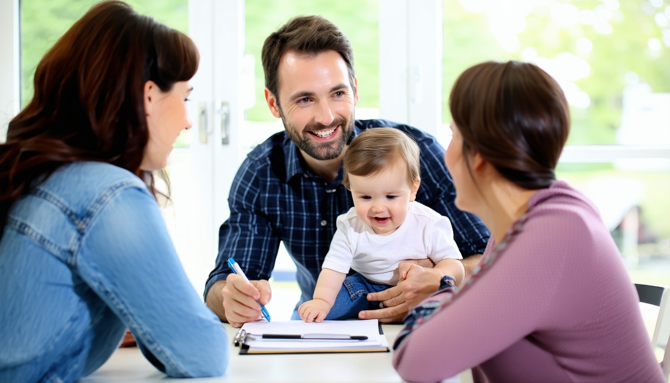 Friendly insurance advisor helping a local family